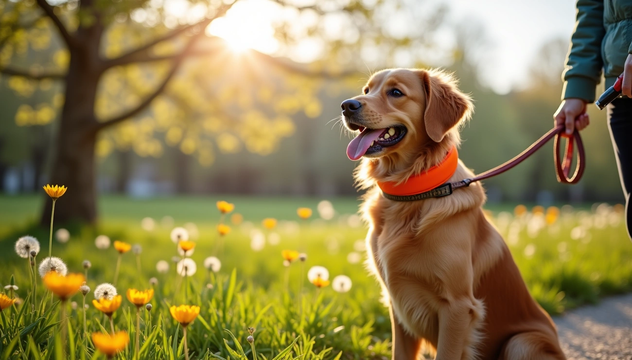 Golden retriever on a leash sitting in a sunlit spring park with yellow flowers and green grass.
