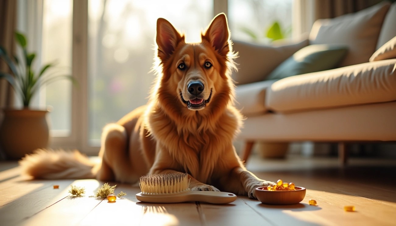 Golden dog lying on a wooden floor with a grooming brush and supplements in a sunlit living room.