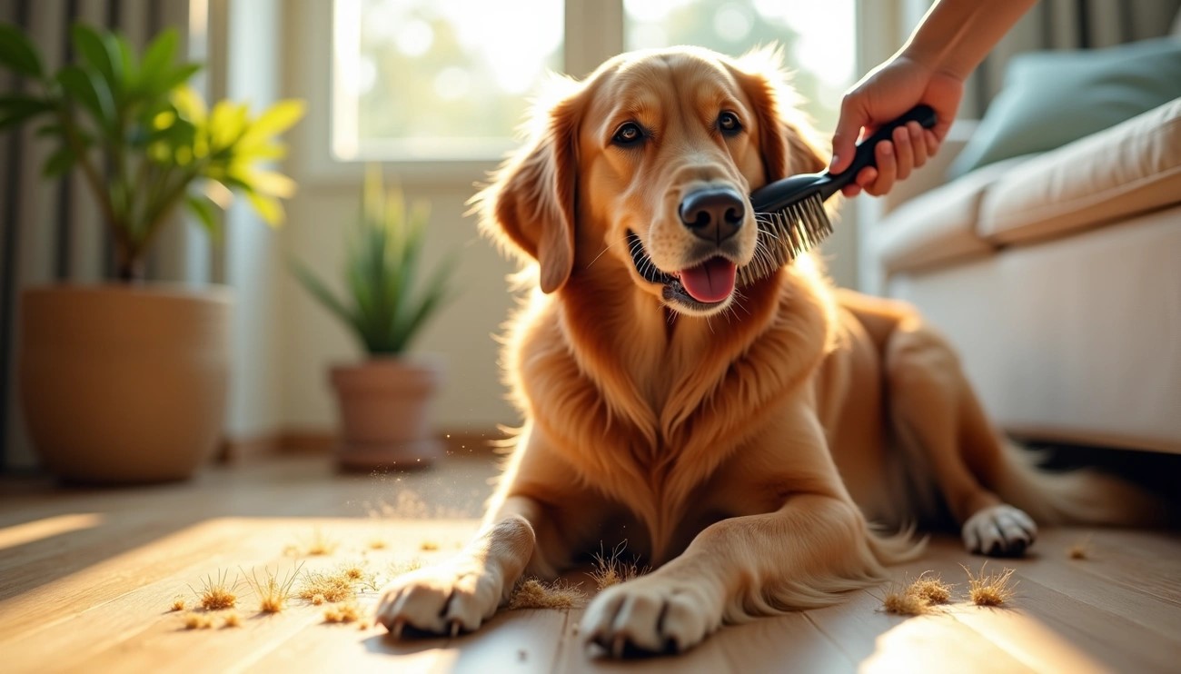 Golden retriever shedding fur while being brushed indoors with sunlight and plants in the background.
