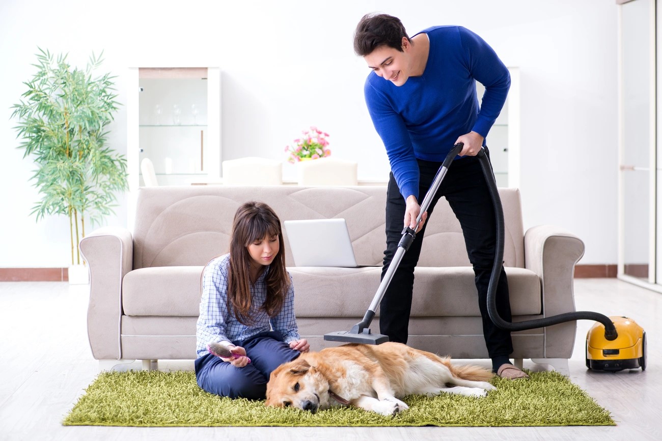 A man vacuuming a golden retriever on a green rug while a woman sits nearby holding a brush in a living room.