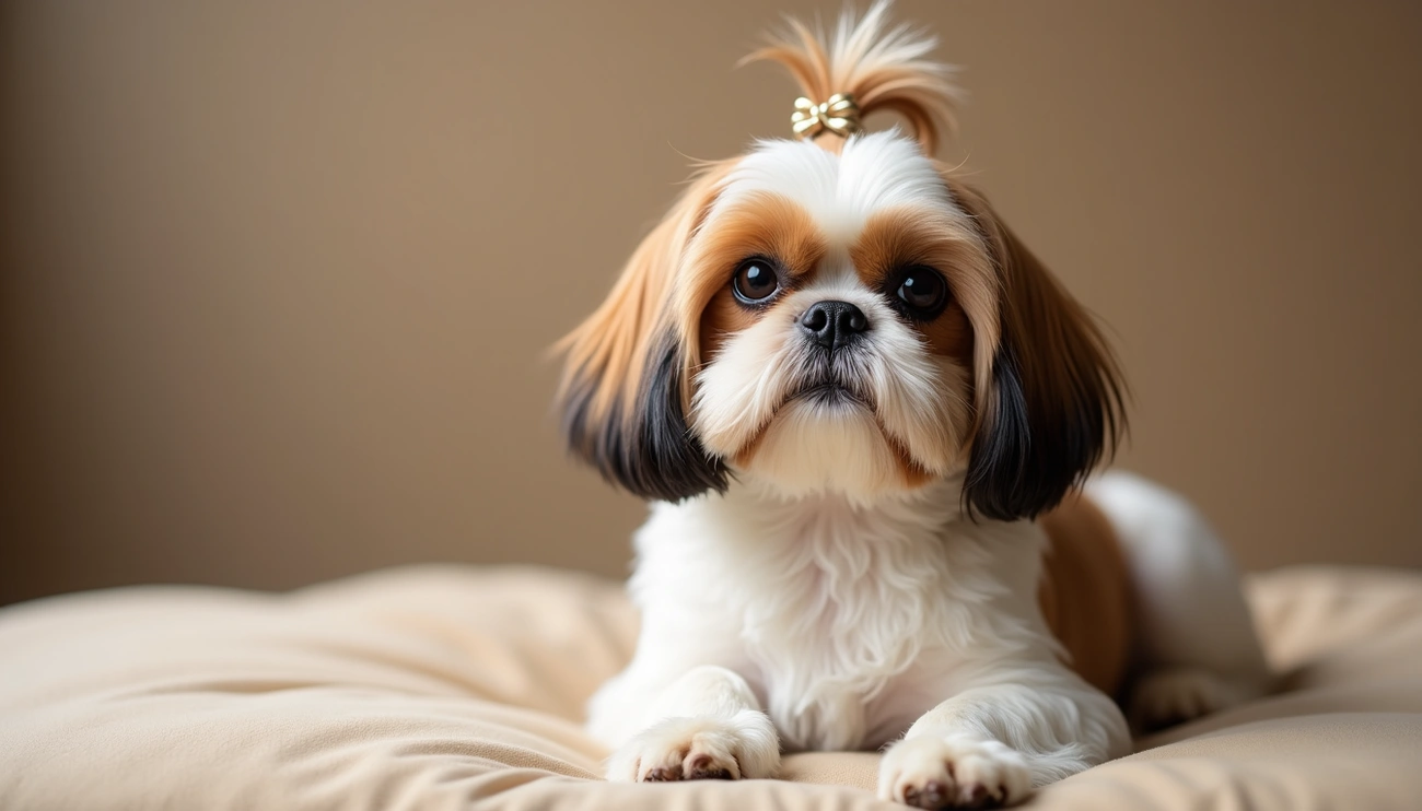 Shih Tzu dog with silky fur and topknot lying on a beige cushion against a neutral background.