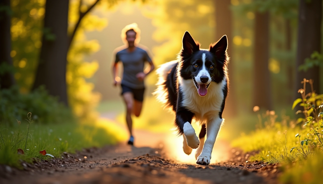 Border collie running on a forest trail with a person jogging behind during golden hour.