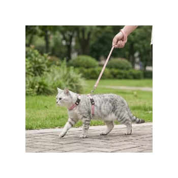 Zestaw szelek H dla kota 1 cm 25-45 cm + obroża 20-35 cm + smycz 110 cm niebieski różowy czerwony — zdjęcie 3