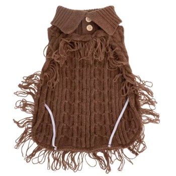 Sweter z frędzlami i klapą na guziki XL-40cm Brązowy Szary Niebieski