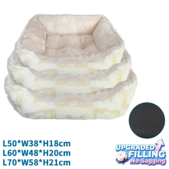 Printed fleece paw bone jacquard square bed three-piece set L50*W38*H18cm L60*W48*H20cm L70*W58*H21cm Beige
